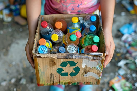AI generated hands holding a recycling box filled with various recyclable items on beach ..Environment Day concept. Generative AI photo