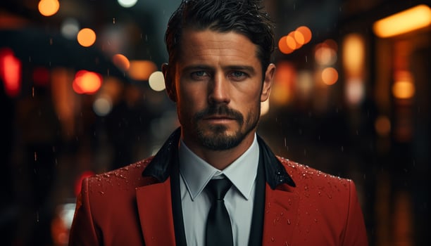 AI generated Confident businessman in a wet city, looking at camera at night generated by AI photo