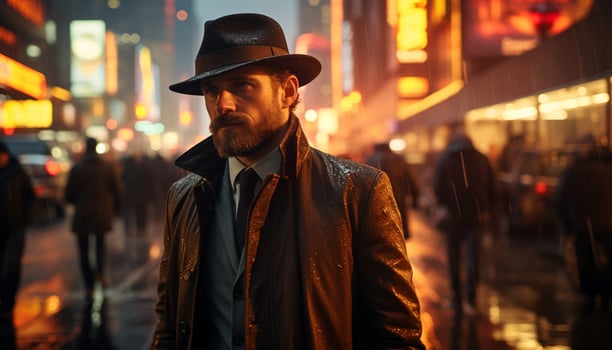 AI generated Confident businessman walking at night, city lights illuminate his elegance generated by AI photo