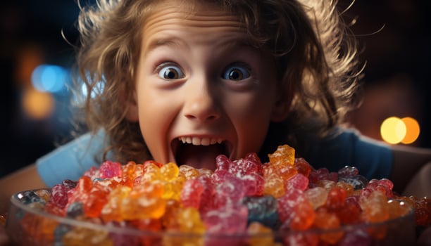 AI generated Cute cheerful girls enjoying sweet candy, smiling at the camera generated by AI photo