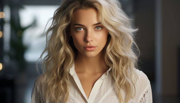 AI generated Beautiful young woman with long blond hair looking at camera generated by AI photo