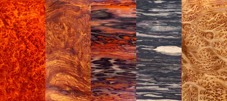 Set of natural real burl and rosewood wood planks with groove joints have a vertical background photo