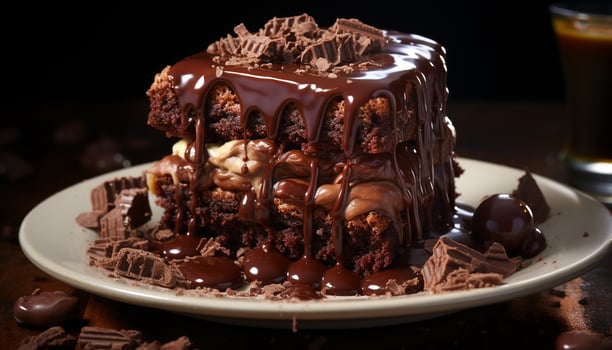 AI generated A plate of homemade dark chocolate fudge, ready to eat indulgence generated by AI photo
