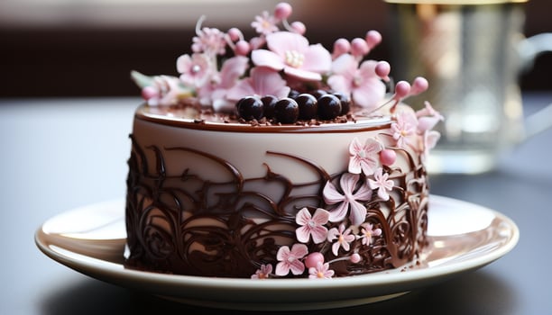 AI generated Homemade chocolate cake with whipped cream and fresh strawberries generated by AI photo