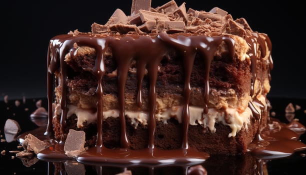 AI generated Indulgent slice of homemade chocolate fudge cake with creamy icing generated by AI photo