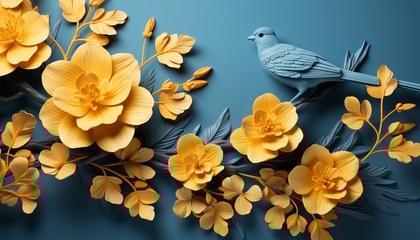AI generated Nature beauty in a cute, yellow bird flying amidst blossoms generated by AI photo