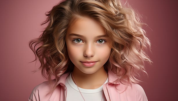 AI generated Cute Caucasian girl with curly blond hair smiling at camera generated by AI photo