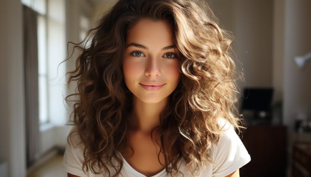 AI generated Young woman with brown hair smiling, looking at camera indoors generated by AI photo