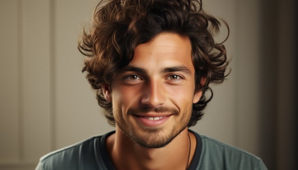 AI generated Smiling young man with brown hair exudes confidence and happiness generated by AI photo
