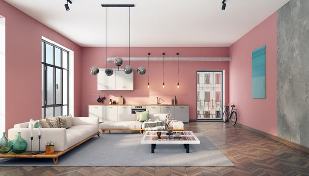 Modern living room with pink walls, photo