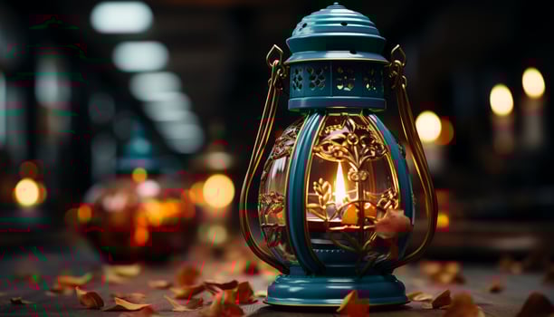 AI generated Illuminated candlelight decorates the old wooden table in winter generated by AI photo