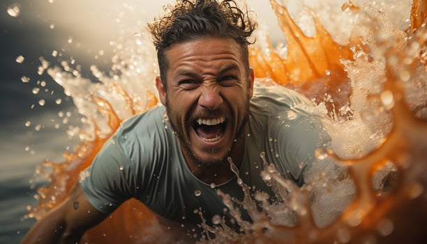 AI generated One man, carefree and joyful, splashing in the water generated by AI photo