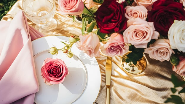 AI generated Wedding and event celebration tablescape with flowers, formal dinner table setting with roses and wine, elegant floral table decor for dinner party and holiday decoration, home styling photo