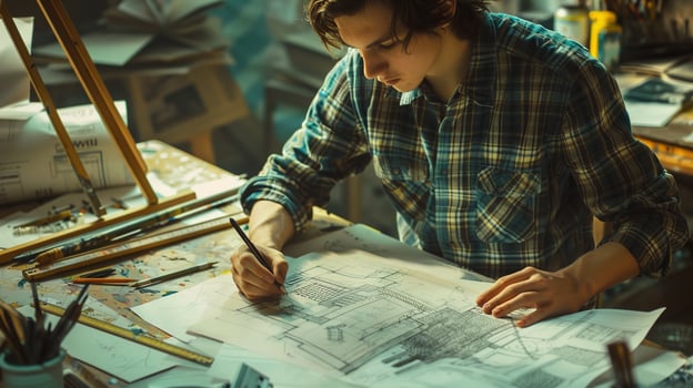 AI generated Young artist sketching architectural designs, with drawing tools and blueprints, space for art class ads. ,STEM concept photo