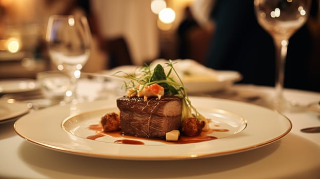 AI generated Exquisite main course meal at a luxury restaurant, wedding food catering and English cuisine photo