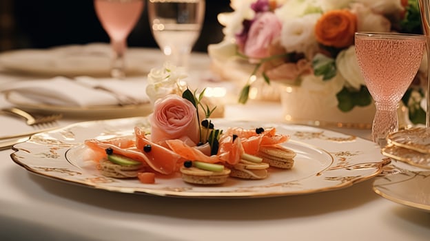 AI generated Food, hospitality and room service, starter appetisers as exquisite cuisine in hotel restaurant a la carte menu, culinary art and fine dining photo