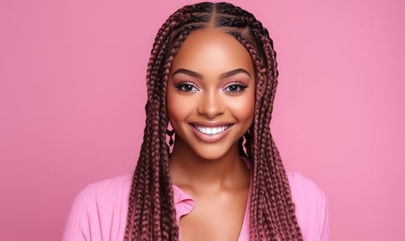 Black woman with long, neatly braided hair against a solid pink background photo
