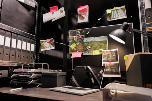 Empty dark police detective room with murder case investigation process on board. Suspect photographs connected with clues hanging on wall and file folders on racks in investigator agency office photo