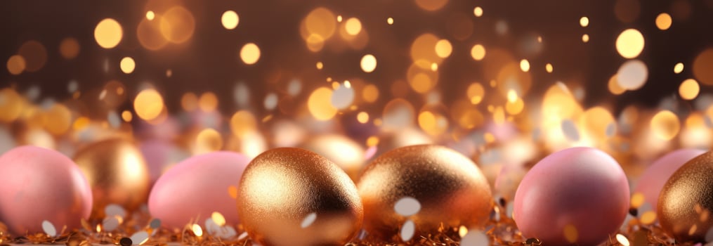 AI generated golden and pink eggs in motion with sparklers on the gold background photo