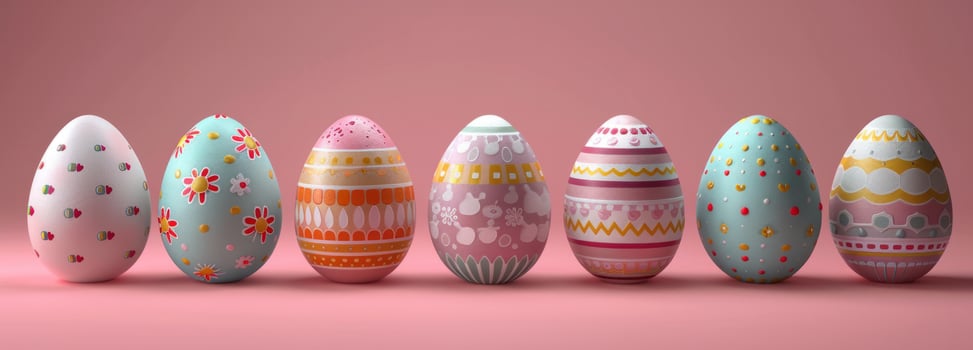 AI generated easter ceramic decorated eggs on pink background photo