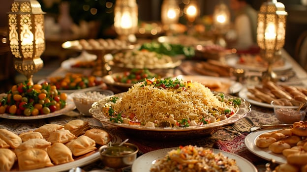 AI generated Lavishly set table with traditional Eid al-Fitr dishes. Biryani, Maamoul, sheer khurma. AI Generated photo