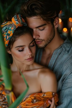 AI generated A calm couple wearing spa headbands, relishing a tranquil moment surrounded by flickering candles photo