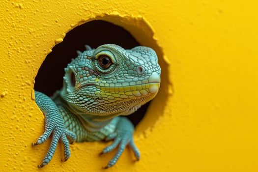AI generated a lizard is peeking out of a hole in a yellow wall photo