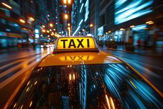 AI generated a taxi cab is driving down the street at night photo