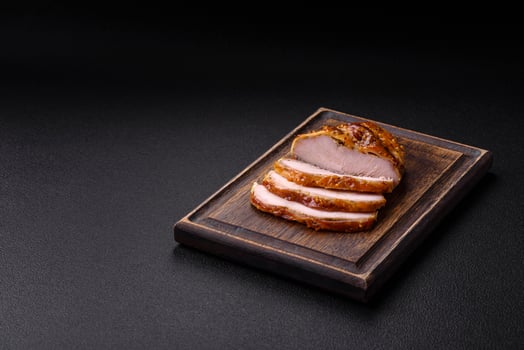 Delicious smoked ham or chicken meat with salt, spices and french mustard photo
