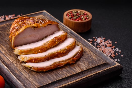 Delicious smoked ham or chicken meat with salt, spices and french mustard photo