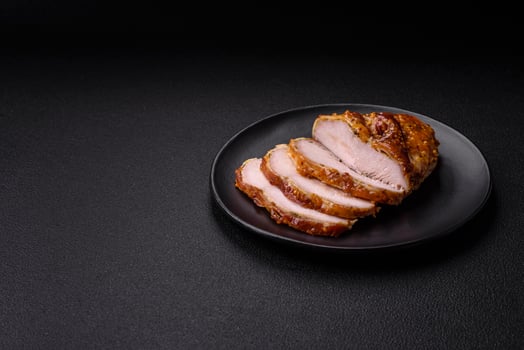 Delicious smoked ham or chicken meat with salt, spices and french mustard photo