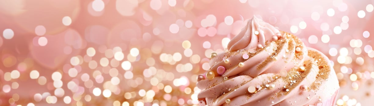 AI generated Pink background with elegant glittering cupcake, copy space. Women's Day. It's a girl backdrop with empty space. Baby shower or birthday invitation, party. Baby girl birth announcement. photo
