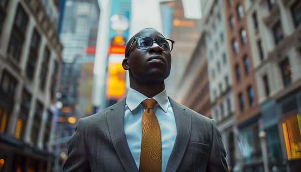 AI generated A confident businessman stands poised in a bustling city environment, embodying professionalism and forward-thinking in the heart of downtown. Generative AI. photo