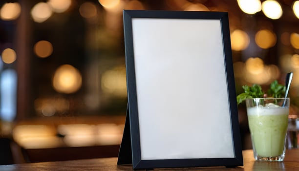 AI generated Close-up of a menu frame mockup with food and drinks in the background., with a blurred or bokeh background. photo