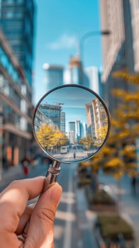 AI generated A modern city view by magnifying glass photo