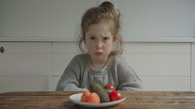 AI generated a sulking child seated in front of a plate of vegetables on a modern kitchen table, portraying the challenges of mealtime struggles and healthy eating habits in a contemporary setting. photo