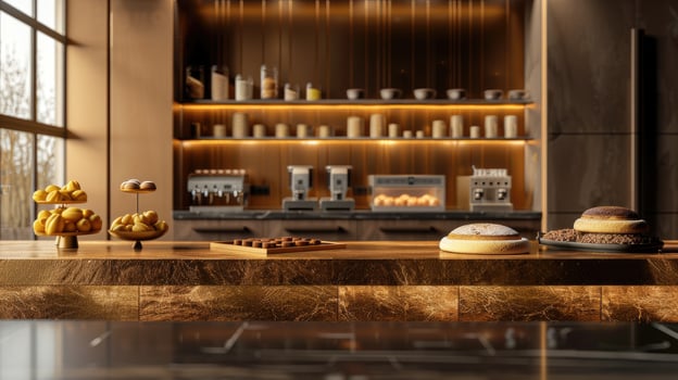 AI generated a bakery on a long table against a modern kitchen background, adorned with gold and brown colors to evoke luxury, offering ample copy space. photo