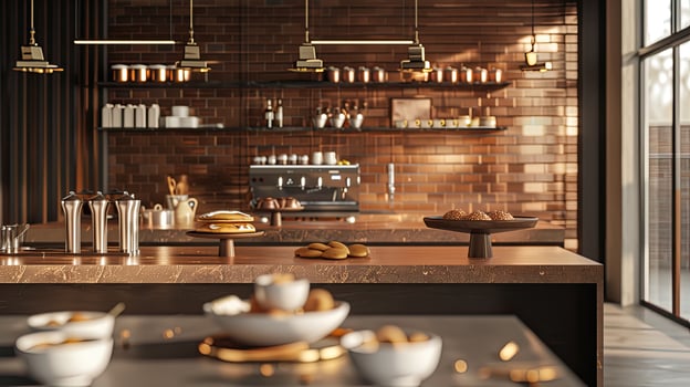 AI generated a bakery on a long table against a modern kitchen background, adorned with gold and brown colors to evoke luxury, offering ample copy space. photo