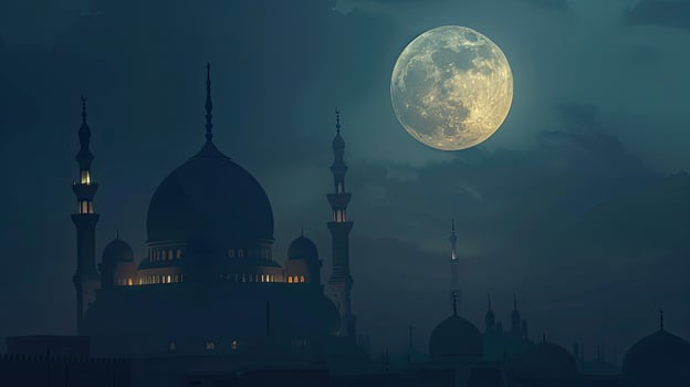 AI generated the full moon illuminating the night sky during the holy month of Ramadan, evoking a sense of serenity and spirituality amidst the peaceful darkness. photo