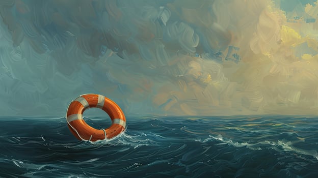 AI generated safety and hope amidst the vastness of the open sea with an orange lifebuoy floating serenely, symbolizing protection and optimism under the expansive sky. photo