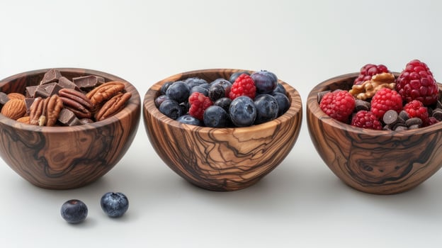 AI generated wooden bowls brimming with nuts, berries, and chocolate chunks on a clean background, inviting viewers to indulge in a wholesome and satisfying snack. photo