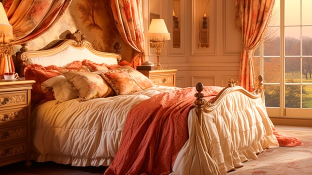 AI generated Bedroom decor, interior design and autumnal home decor, bed with silk satin bedding, bespoke furniture and autumn decoration, English country house, holiday rental and cottage style photo