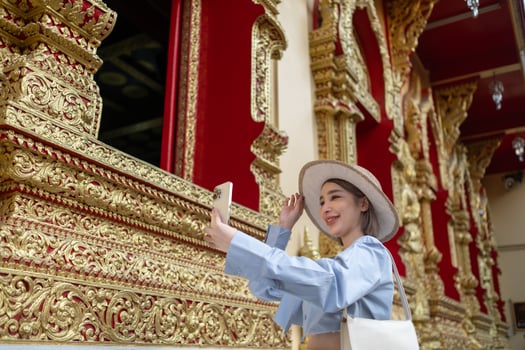 Traveler Asian woman traveling and walking in Bangkok Chiang Mai Temple, Thailand, backpacker female feeling happy spending relax time in holiday trip photo