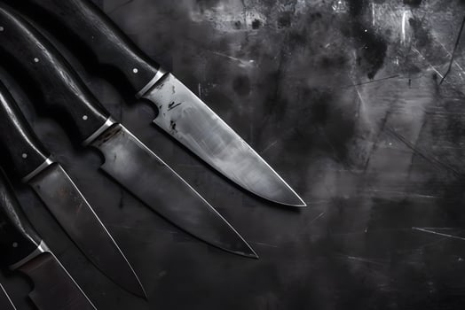 AI generated set of kitchen knives on a wooden table. Neural network AI generated photo