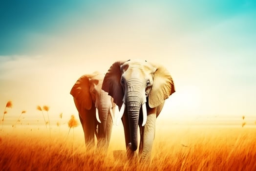AI generated Herd of Elephants in Africa walking through the grass. Neural network AI generated photo