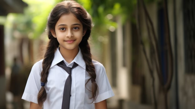 AI generated Portrait of happy indian girl with school bag standing outdoor. Neural network AI generated photo