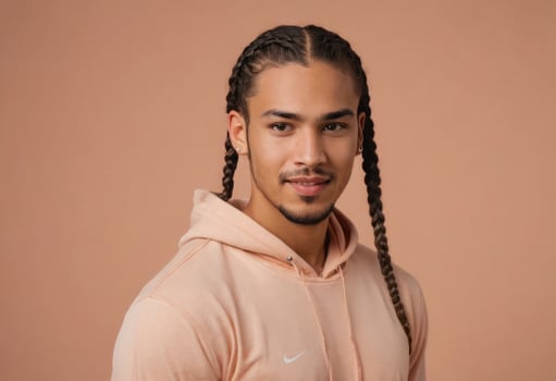 AI Generated A stylish man with long braided hair, wearing a soft pink hoodie, and looking away thoughtfully. photo