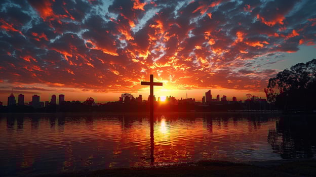 AI generated Sunrise Cross Silhouette Against Dramatic Sky, Emblem of Good Friday Renewal photo