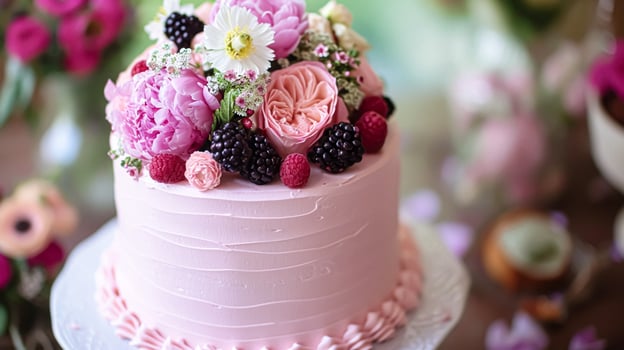 AI generated Birthday tablescape or candy bar with sweets, Birthday cake and cupcakes, beautiful party celebration photo