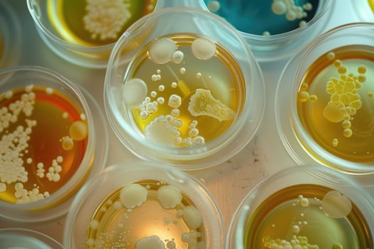 AI generated petri dishes with bacterial colonies culture on agar plates in laboratory photo